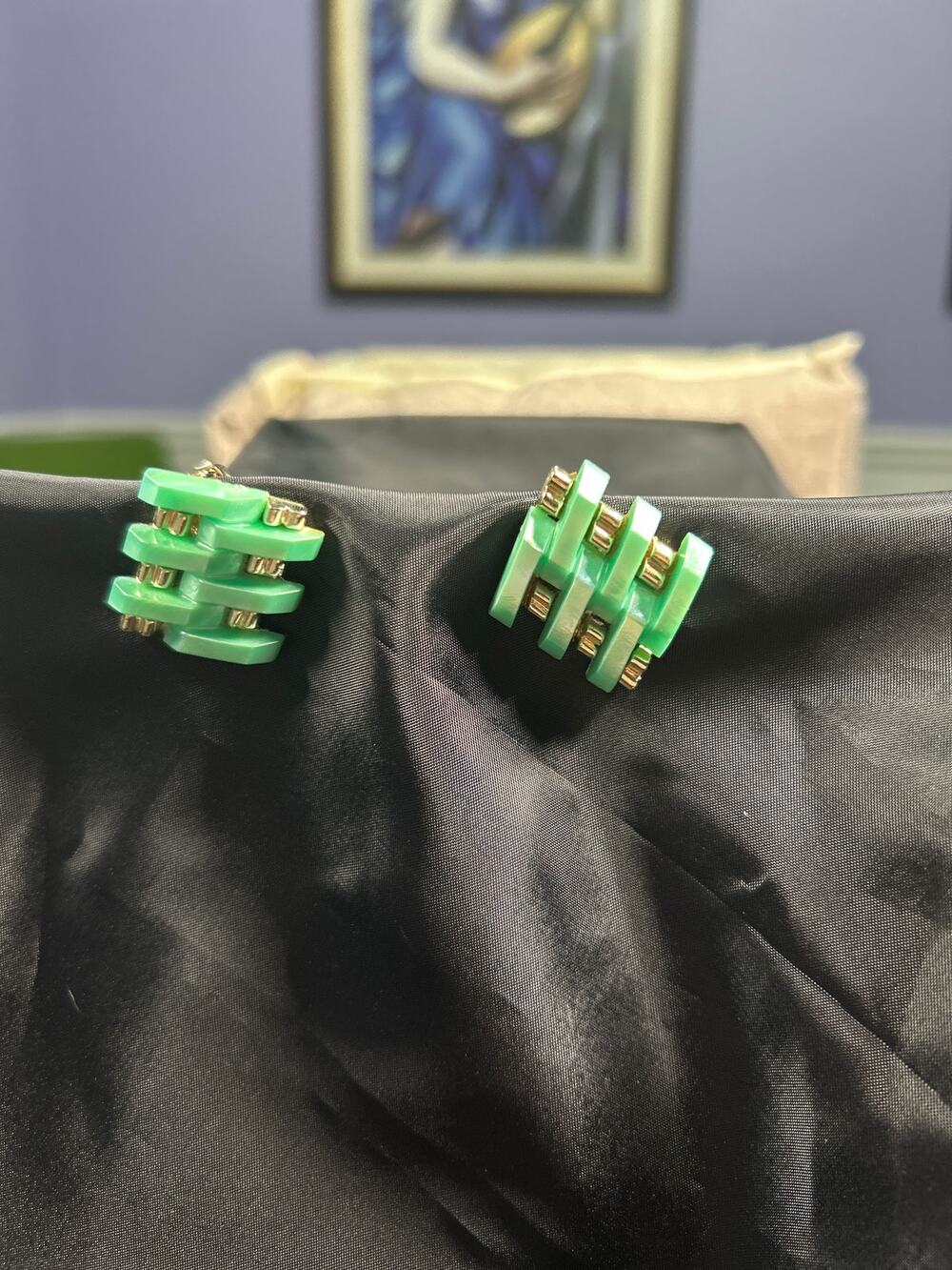Vintage MCM Green Moonglow Lucite Metal Grid Abstract Clip On Earrings